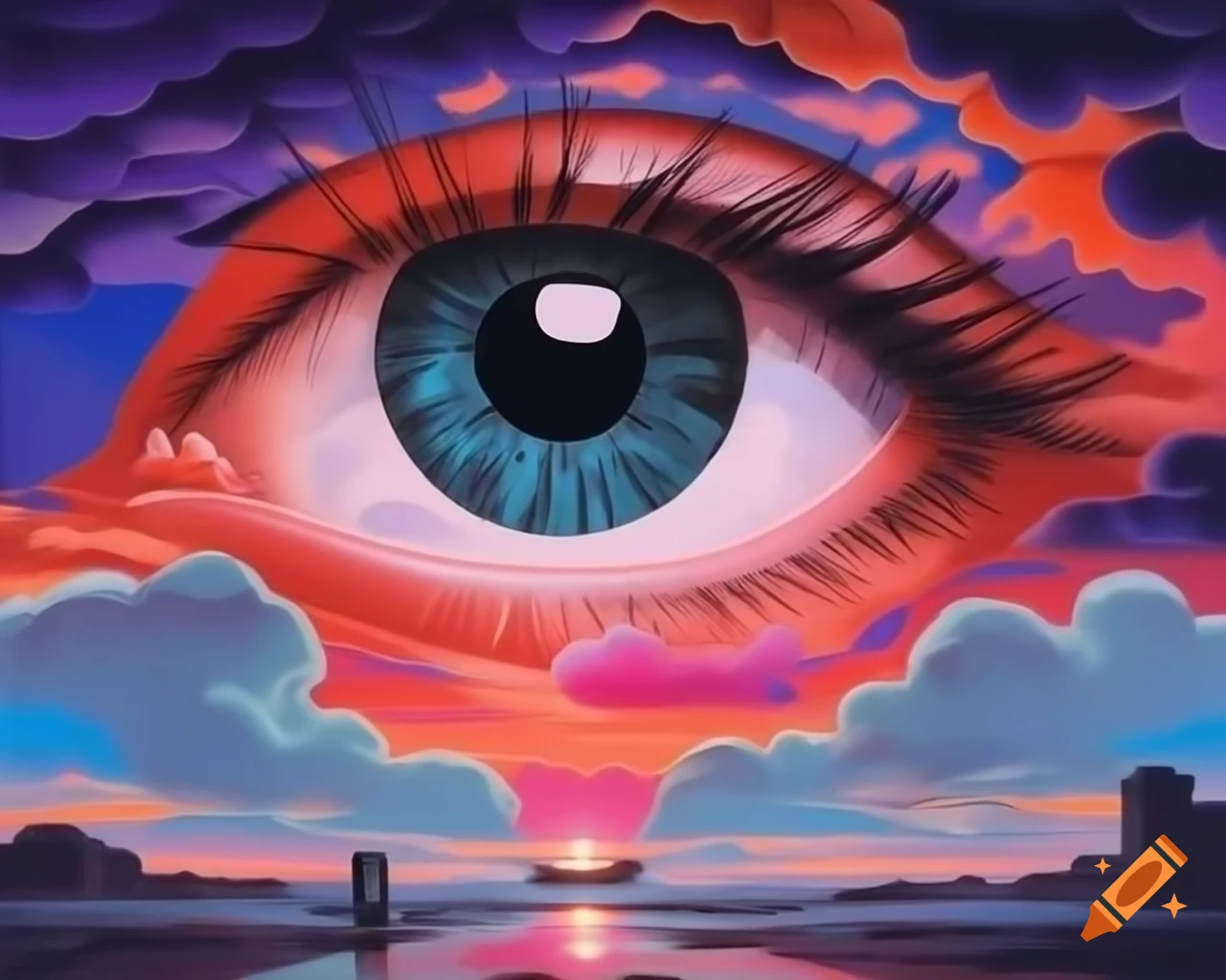 Surreal illustration of a large eye in a collage style