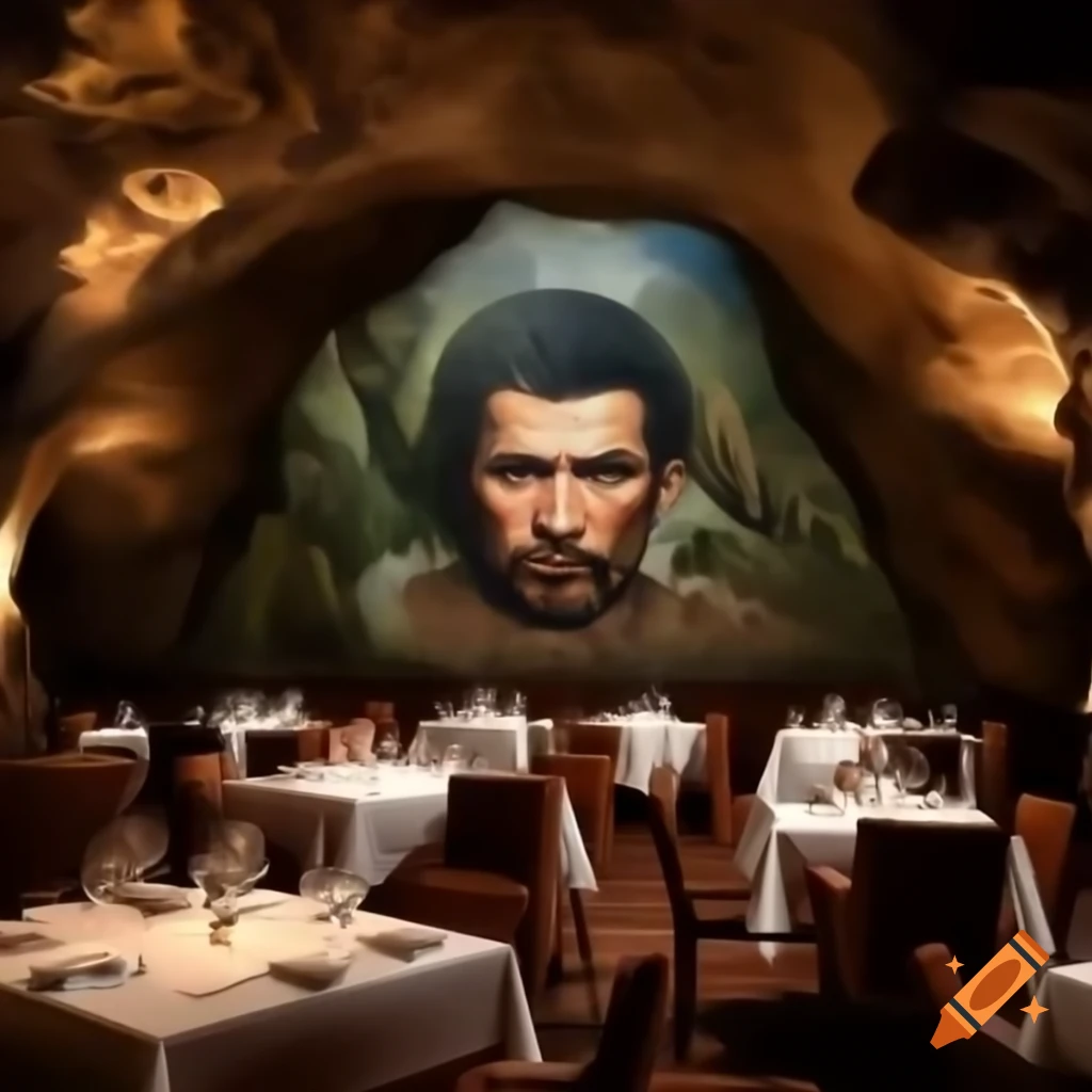 Cave painting of Romanian man in Molecular Gastronomy restaurant, gritty style
