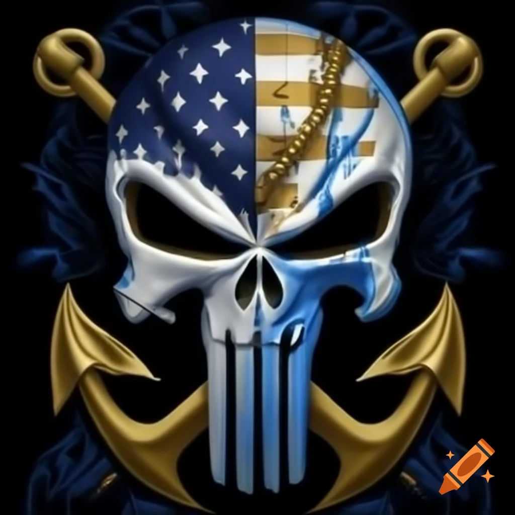 Punisher skull design with anchor in blue and gold for United States Navy