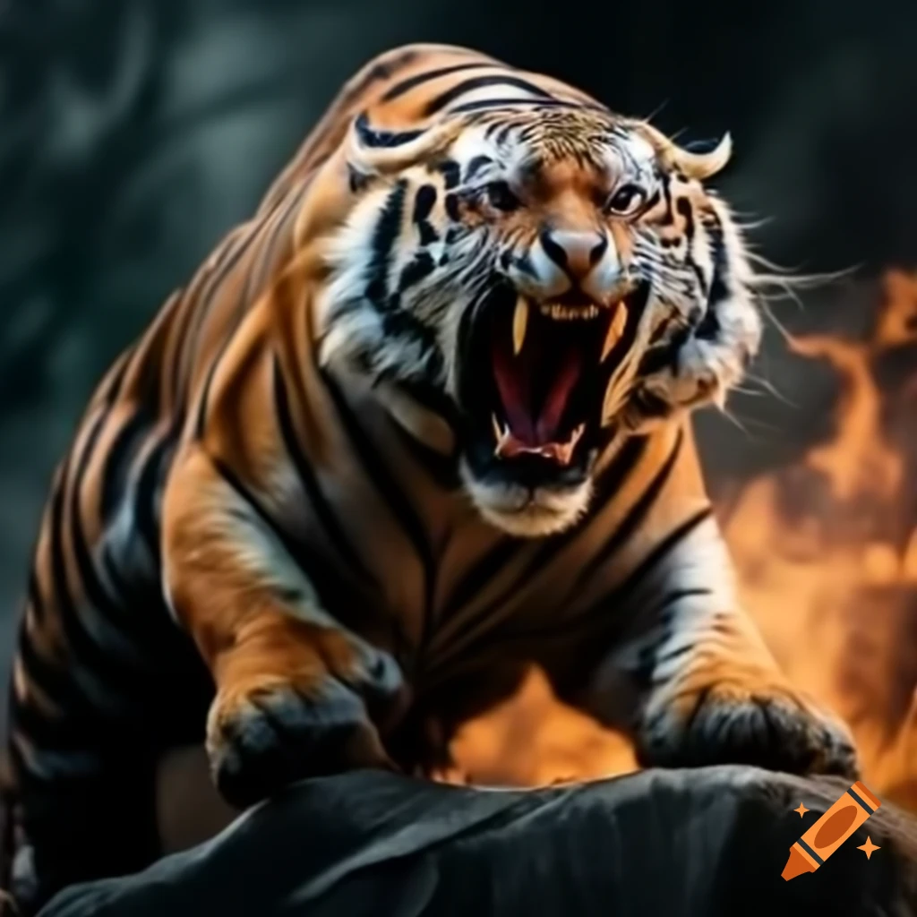 Aggressive tiger climbing stone in a dramatic scene between hell and heaven