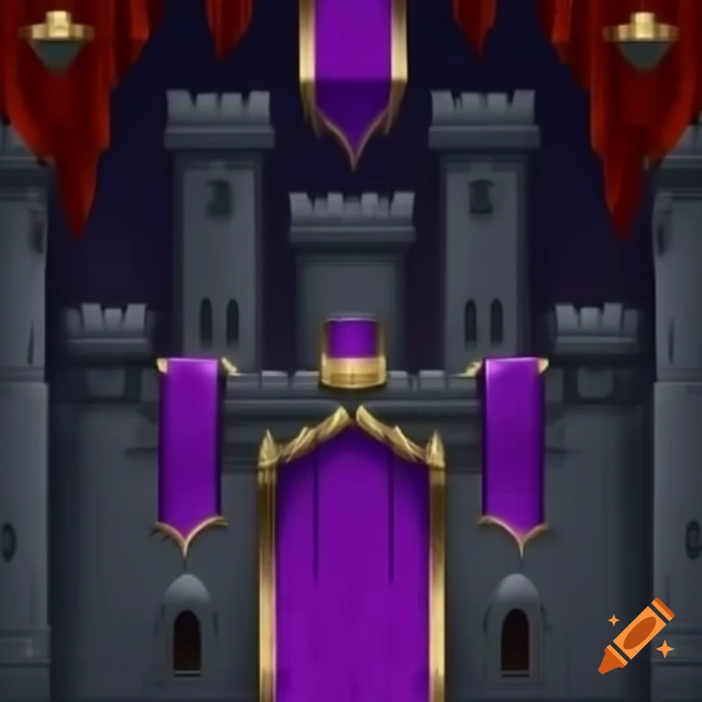 Gray castle adorned with purple and gold tapestry in Castle Crashers art style
