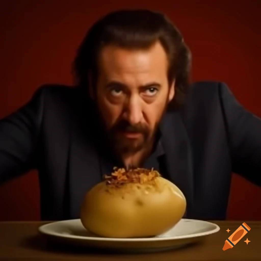 Nicolas cage reacting to receiving a potato on craiyon