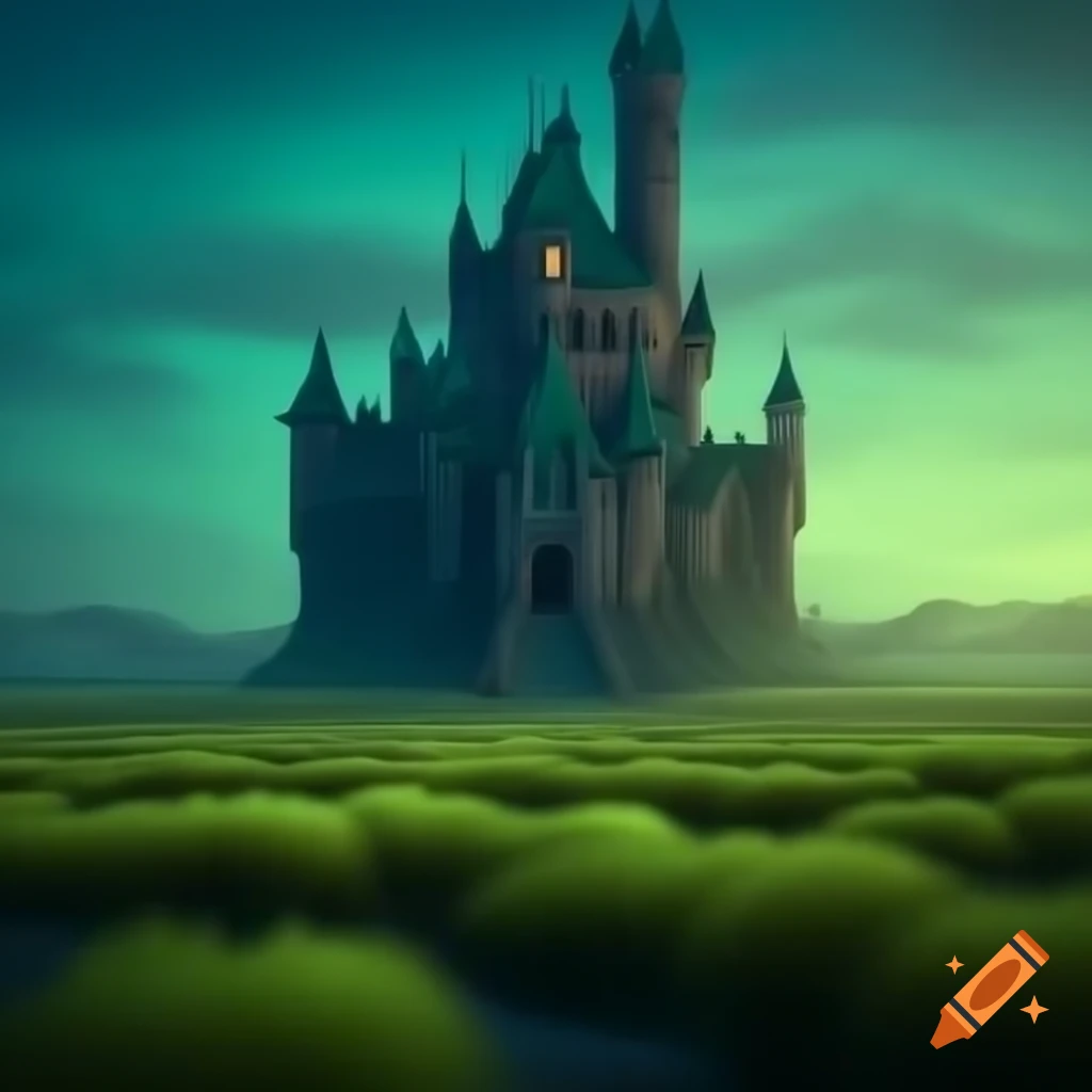 Unique castle in savannah with lime color palette and ambient lighting
