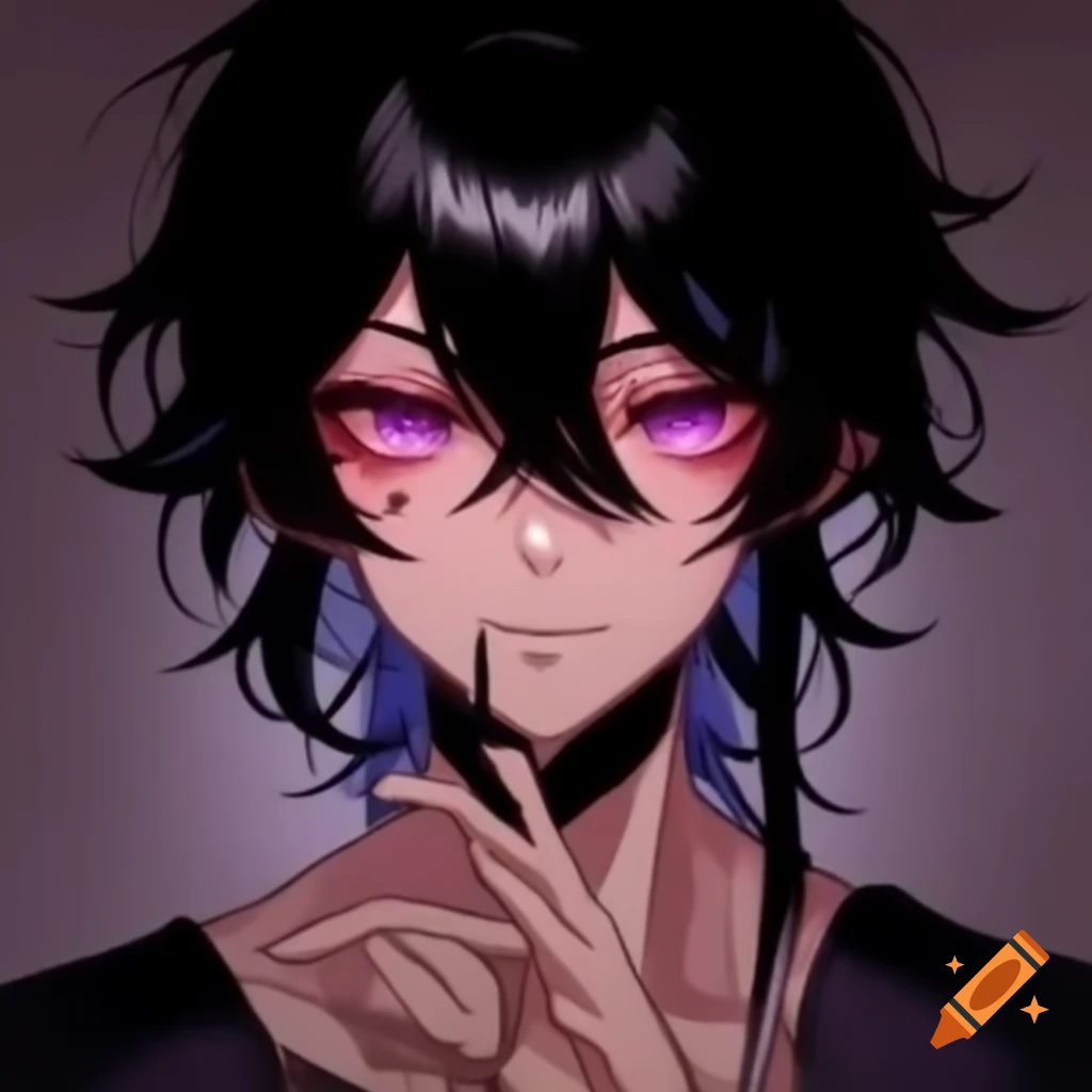 Niyx, a male Meyarin with black hair and amethyst eyes, depicted in a vibrant setting