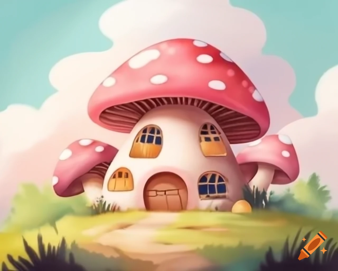 Watercolor mushroom house in soft pink and brown storybook style
