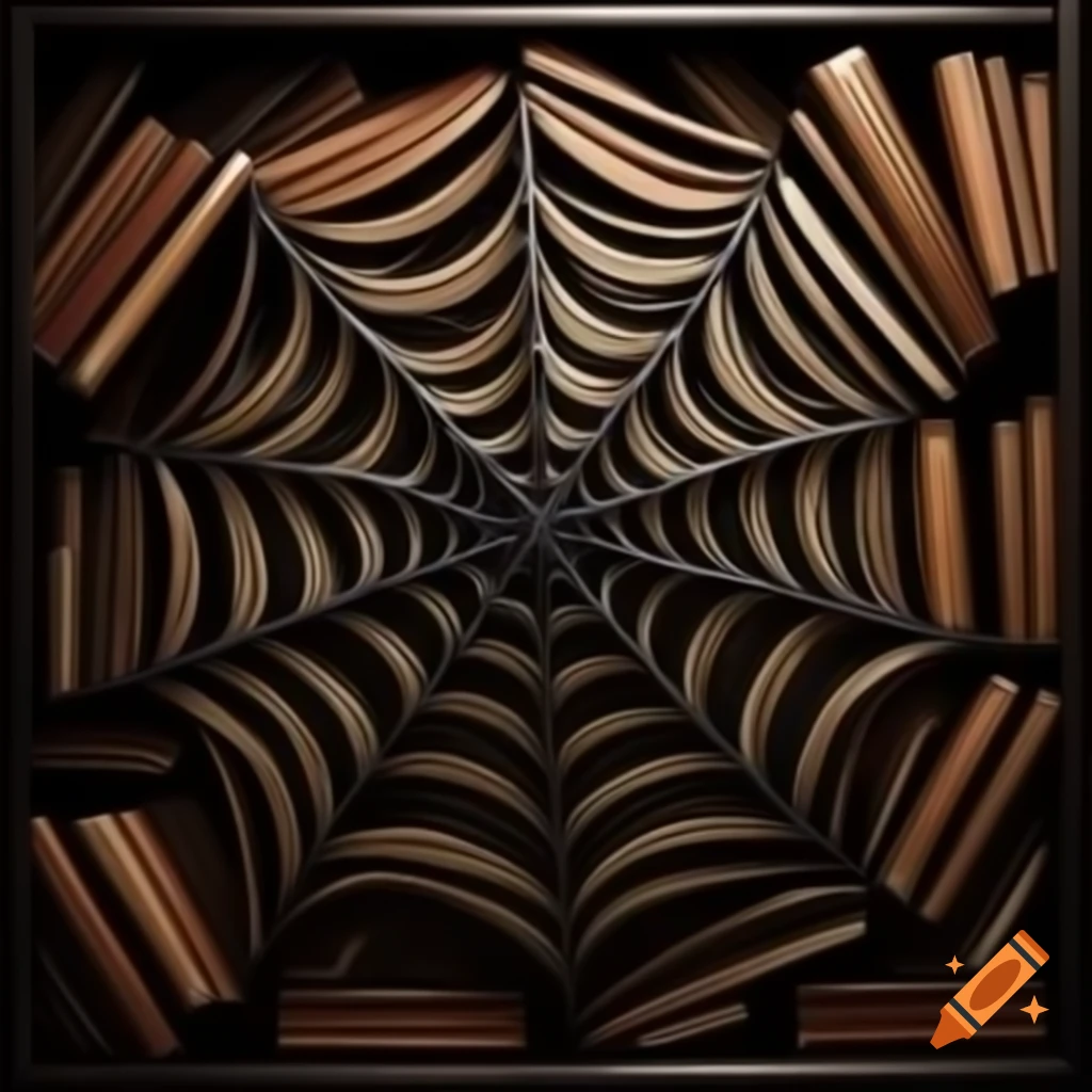 Gothic spider web illustration featuring books woven into the design