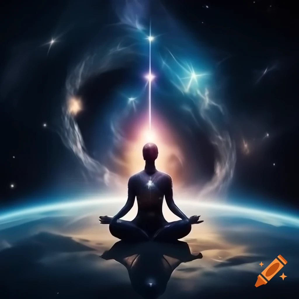 Cosmic background with stars and galaxies, featuring meditative human figure