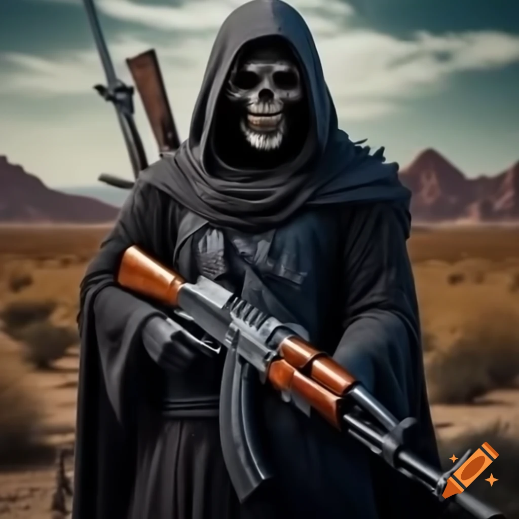 Realistic reaper character holding AK-47 in desert setting