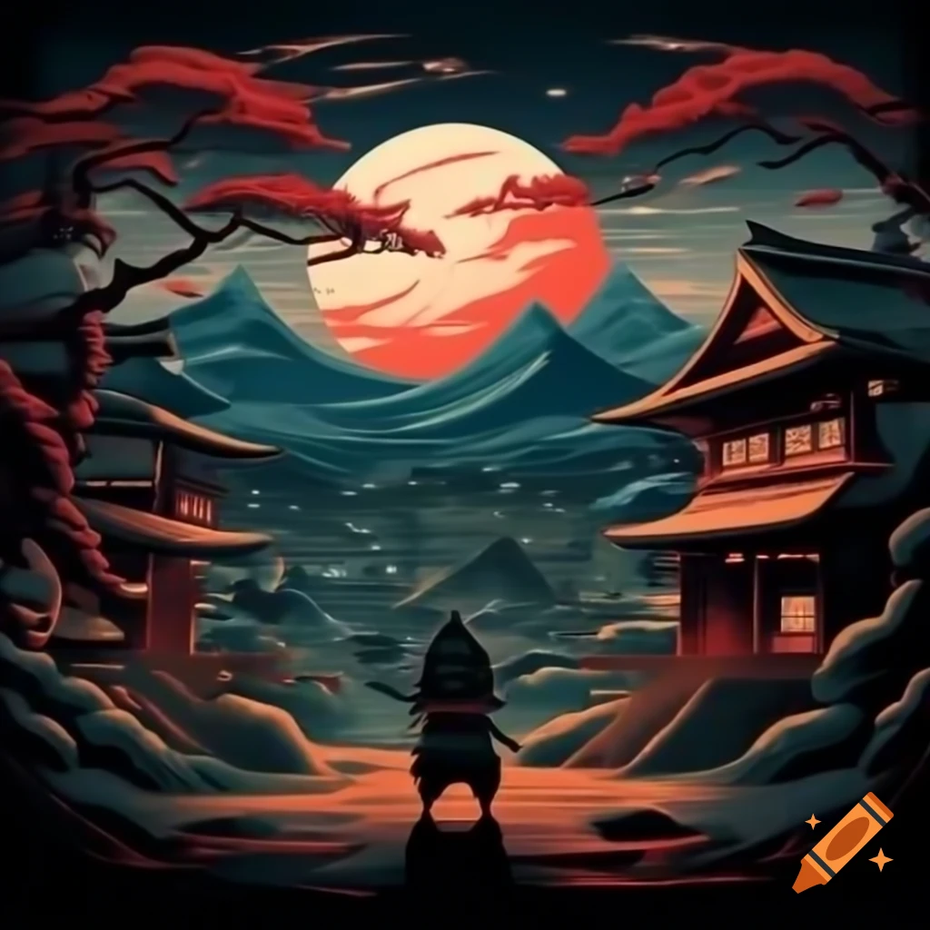Medieval Japanese village with samurai under moonlight, inspired by Hieronymus Bosch