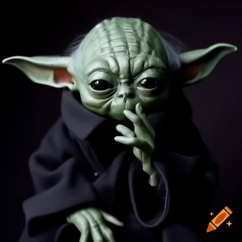 Closeup portrait of Grogu in dark Balenciaga clothes, intense eyes against dark background