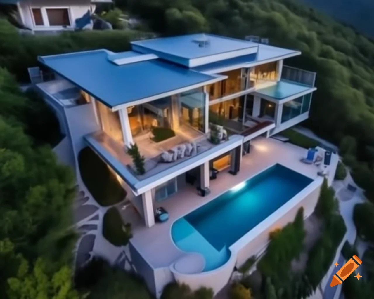 Aerial view of modern blue mushroom house with glass windows and pool on mountain