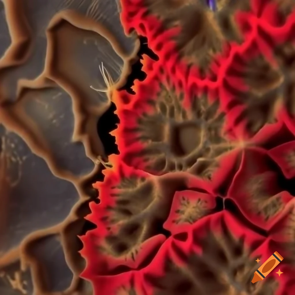 Mandelbrot set fractal design with beige, brown, red, black, and silver shades