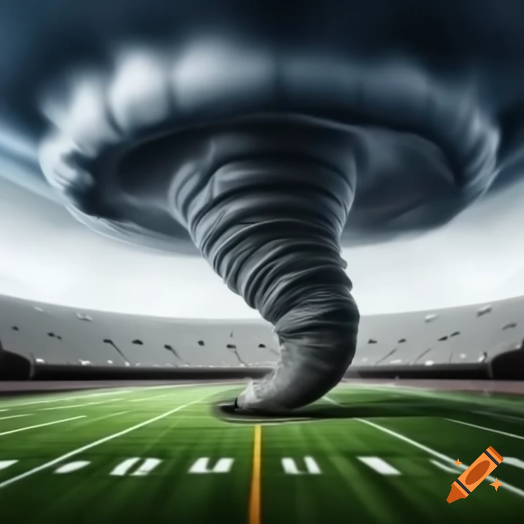 Tornado lifting an American football with logo, digital art