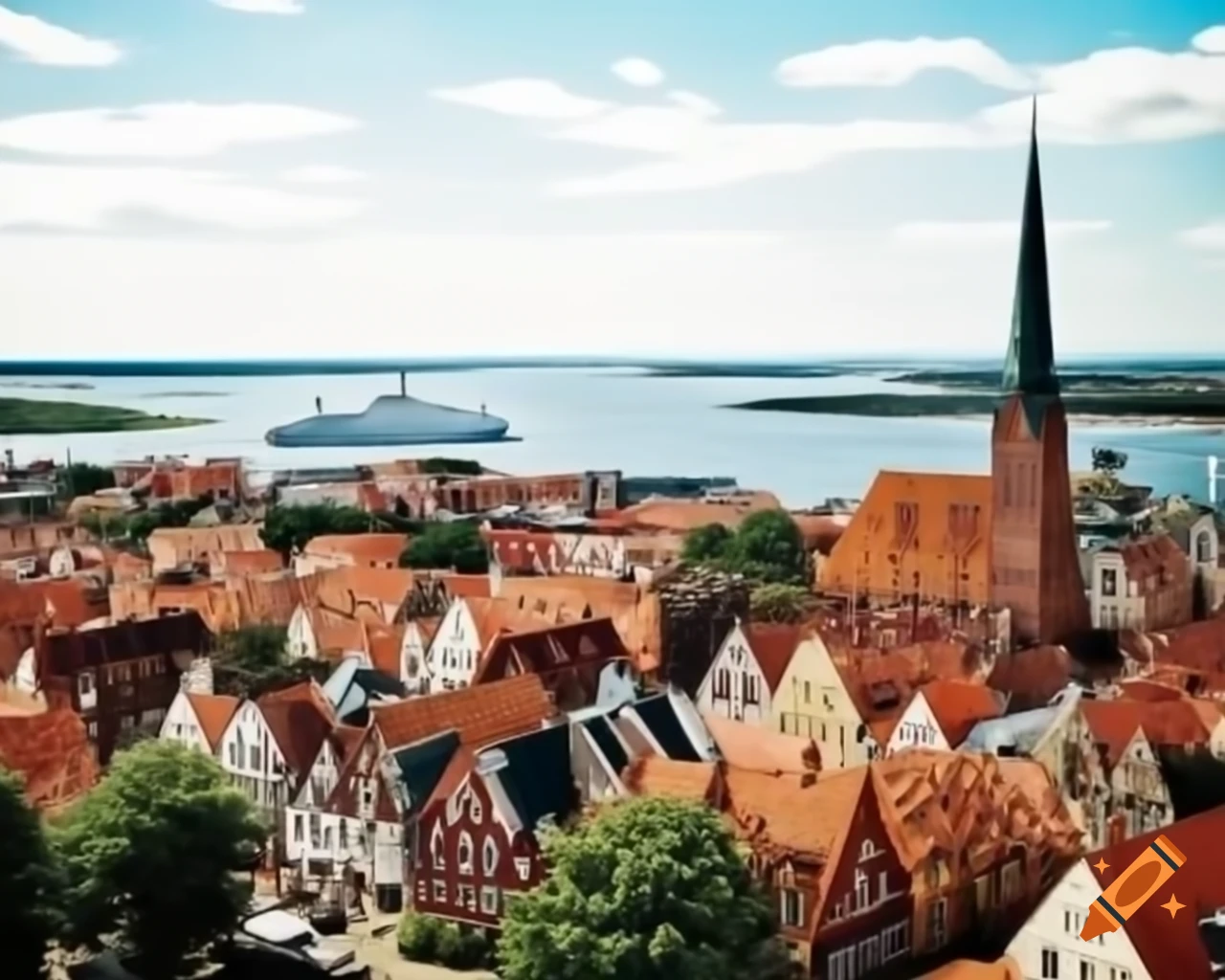 Charming city of Silverwik with half-timbered houses along flatlands and coastal areas