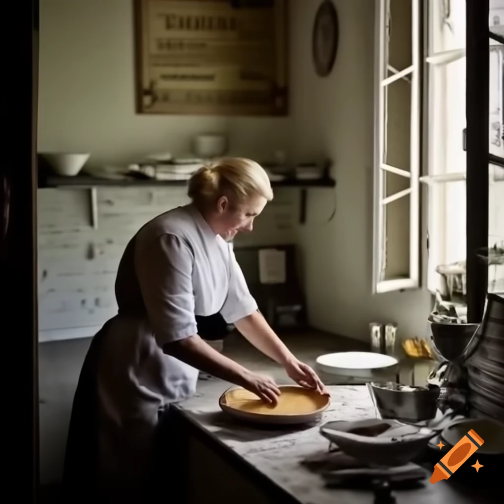 Blonde housewife in 50s dress baking pie in sunlit kitchen