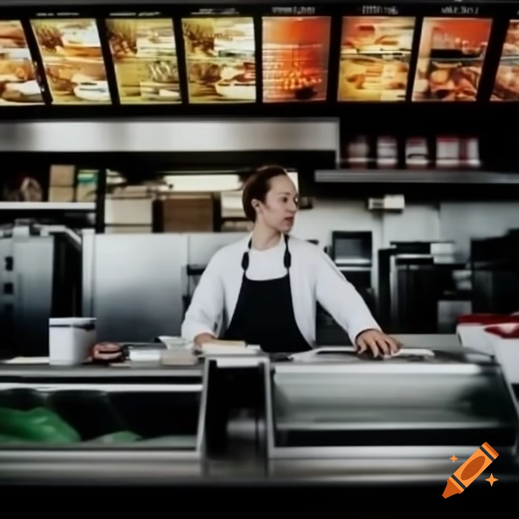 Fast food restaurant employee serving customers