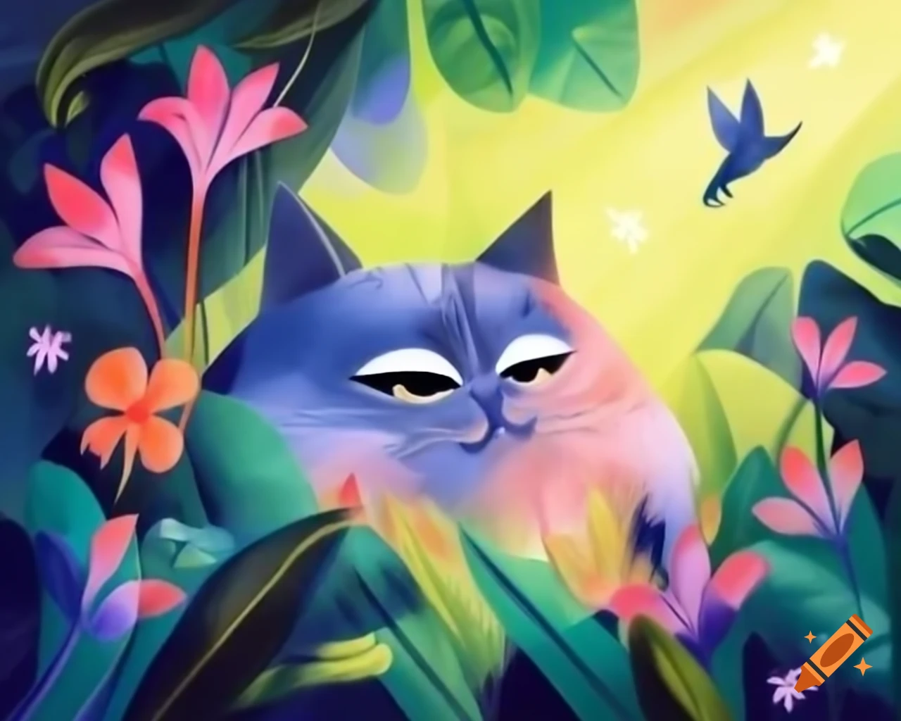 Dreamy cat in abstract jungle landscape with flowers and birds of paradise