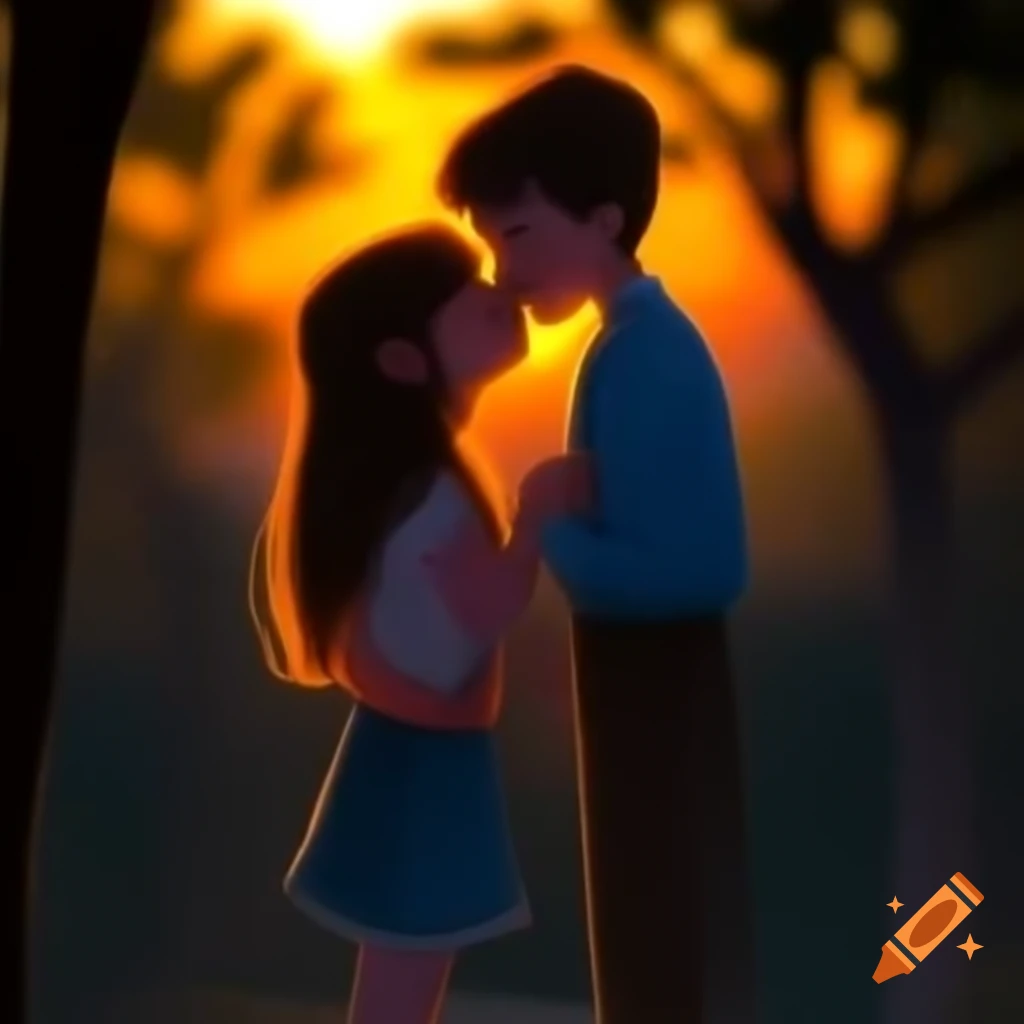 Girl and boy kissing in serene outdoor setting during sunset