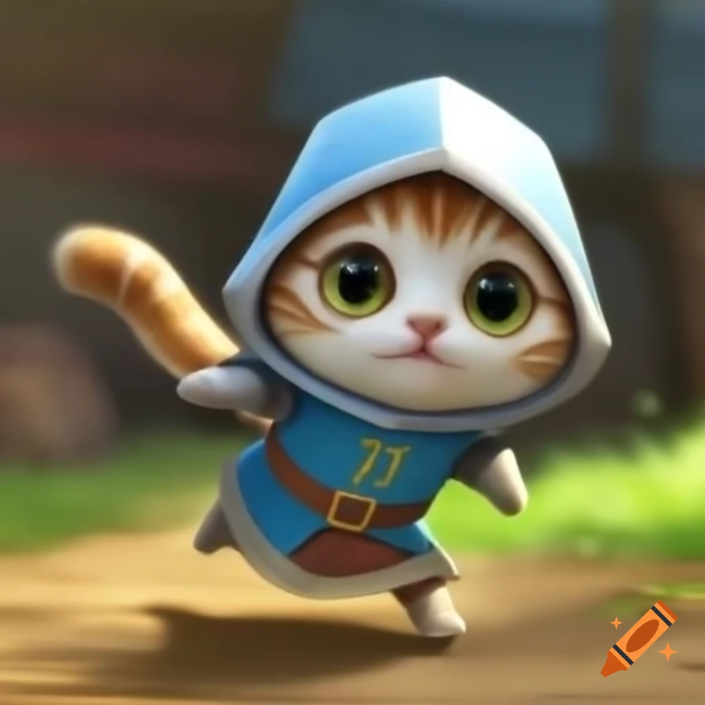 Cute cat in medieval hood chased by armored knight pugs