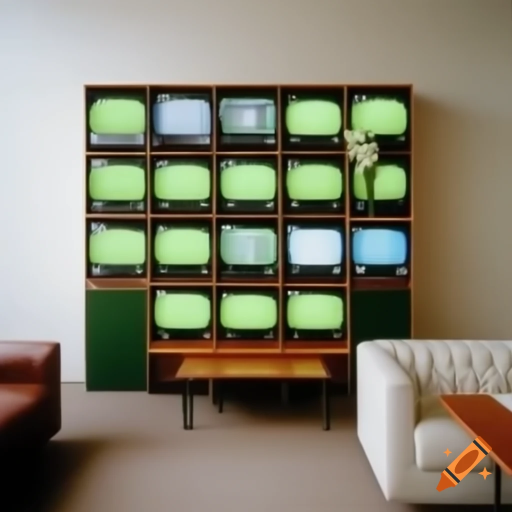 Modern business office with vintage CRT screens displaying green, wooden table with flowers
