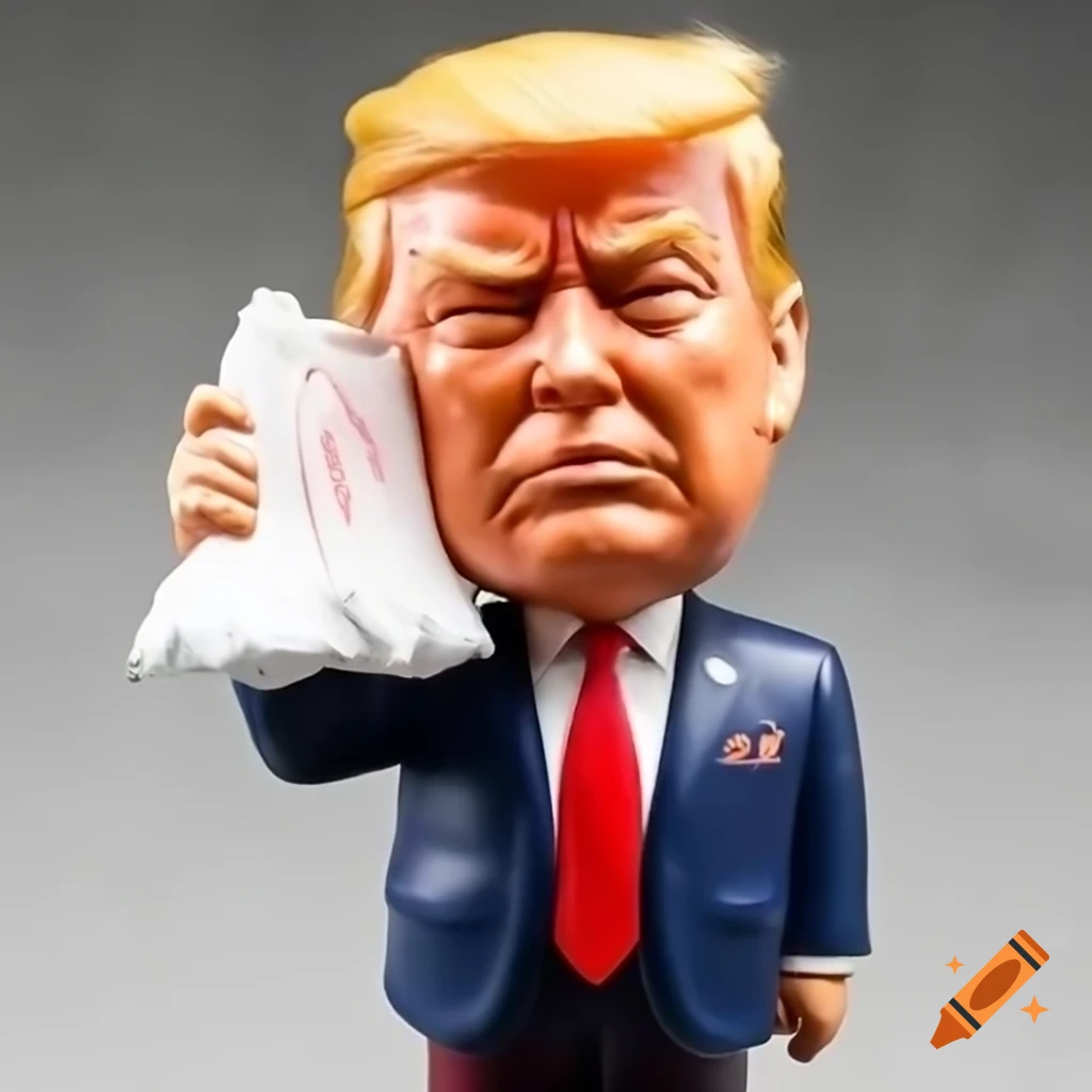 Satirical bobblehead of an angry figure with bloody streaks and gauze covering ear
