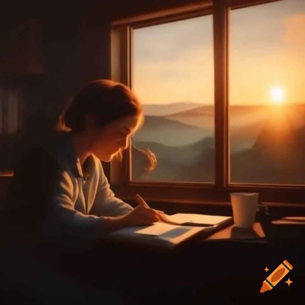 Person journaling at sunrise with coffee, golden dawn light illuminating scene