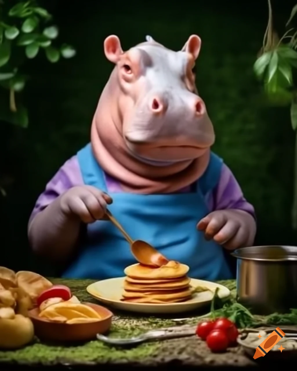 Anthropomorphic hippo in Cinderella dress cooking pancakes in mossy kitchen