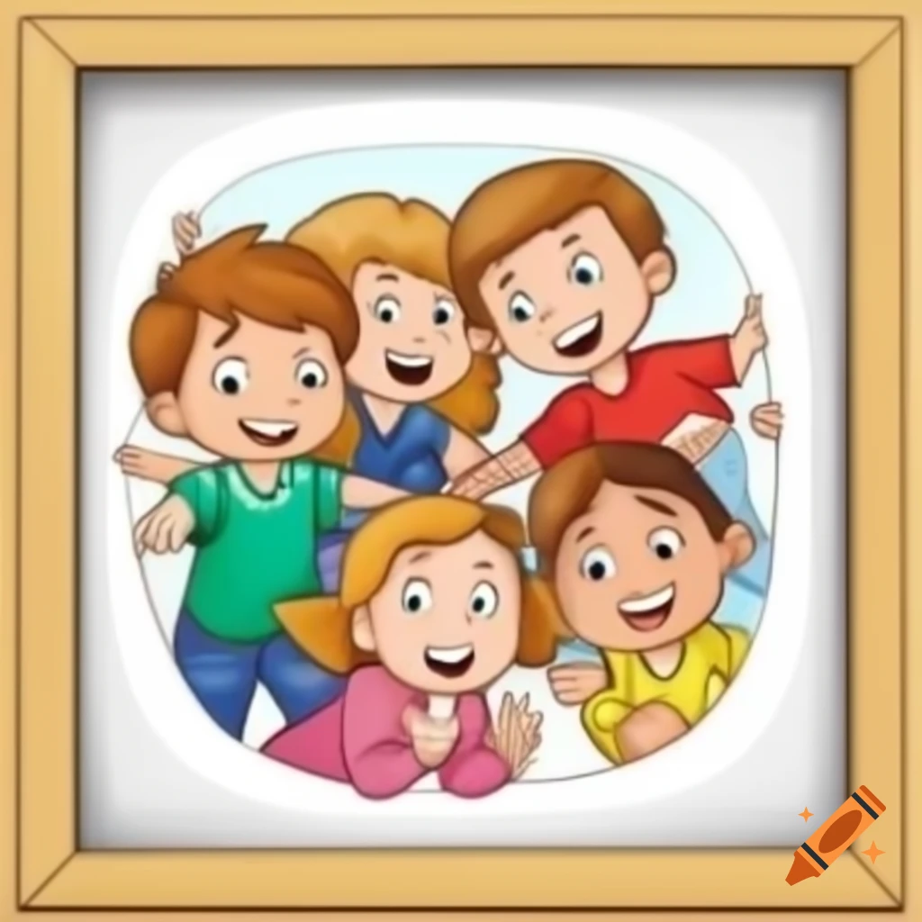 Cartoon illustration of diverse first-grade kids in a framed scene
