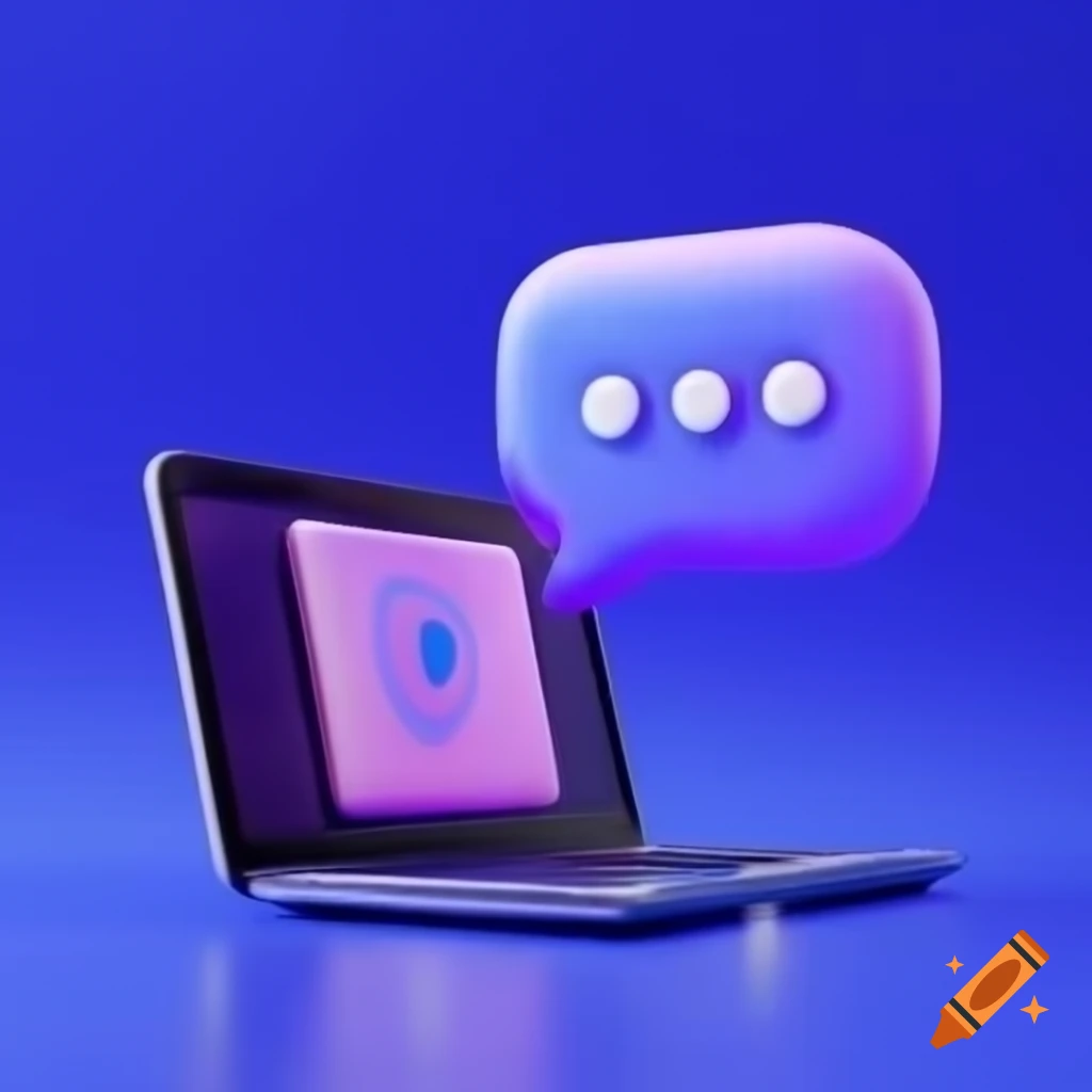 3D cartoon purple and blue chat bubble in front of a sleek laptop