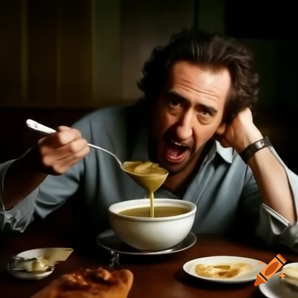 Nicolas Cage eating soup with intense gaze into the camera