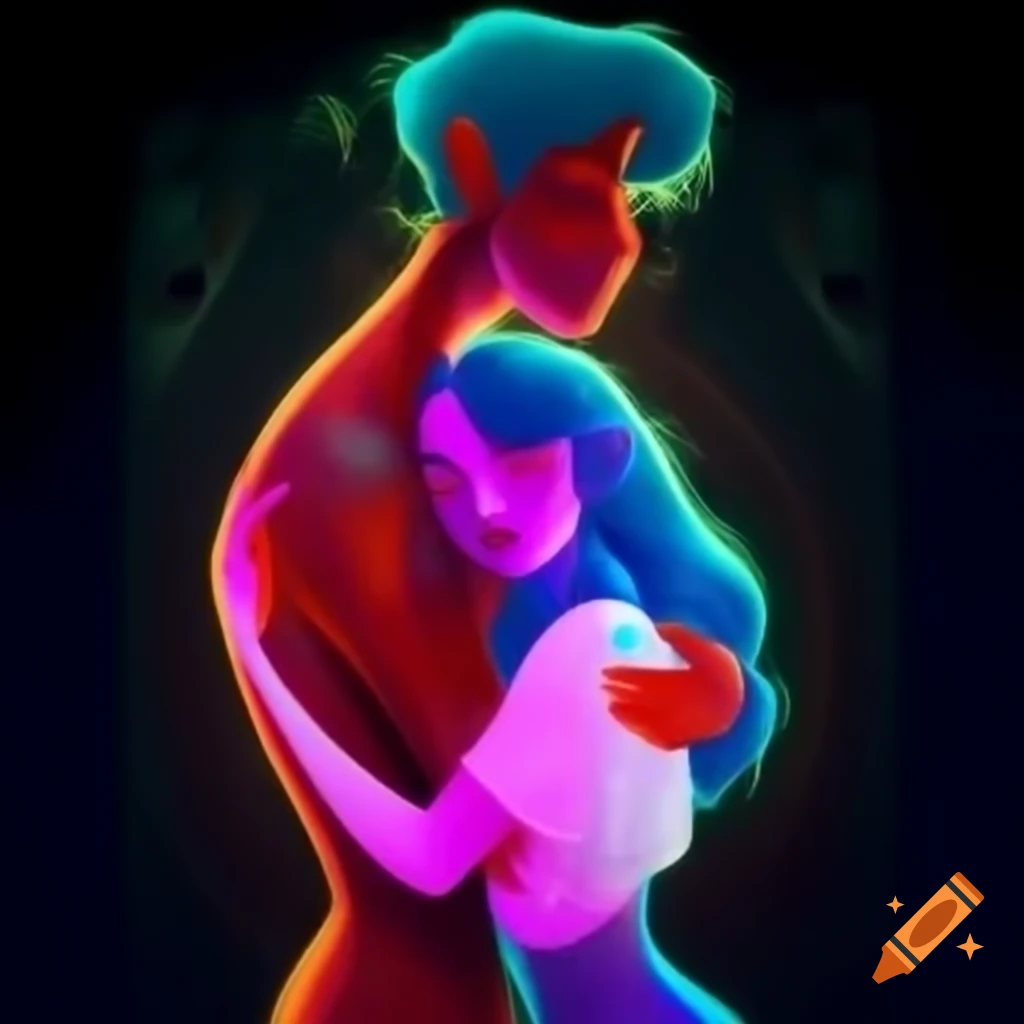 Psychedelic portrayal of male and female energy apparitions hugging