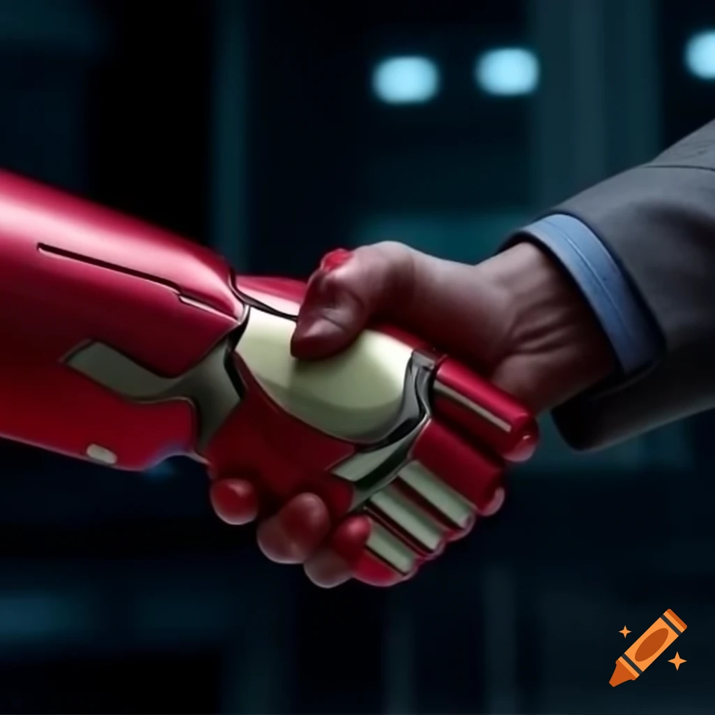 Iron Man shaking hands with Elon Musk