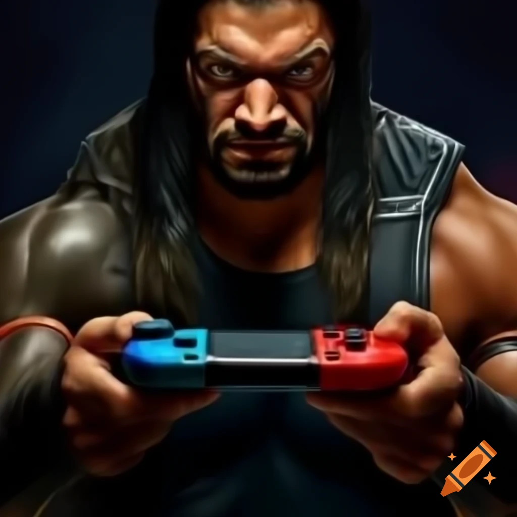 Roman Reigns holding a Nintendo Switch console