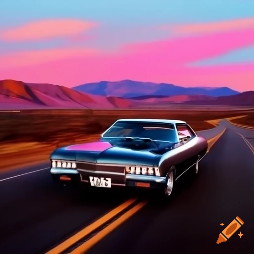 1967 Chevy Impala driving on winding country road with Boston album cover inspiration