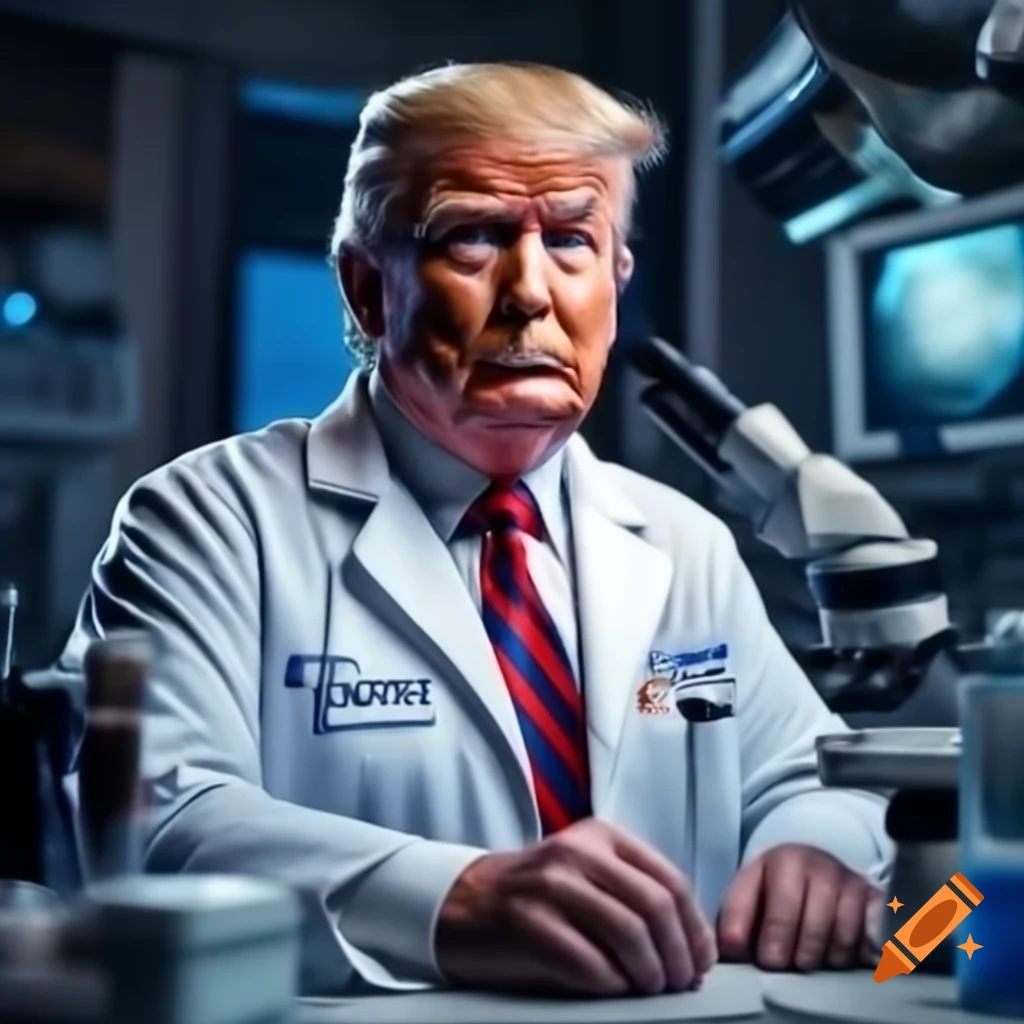 Scientist character with distinct hairstyle and suit, resembling a public figure