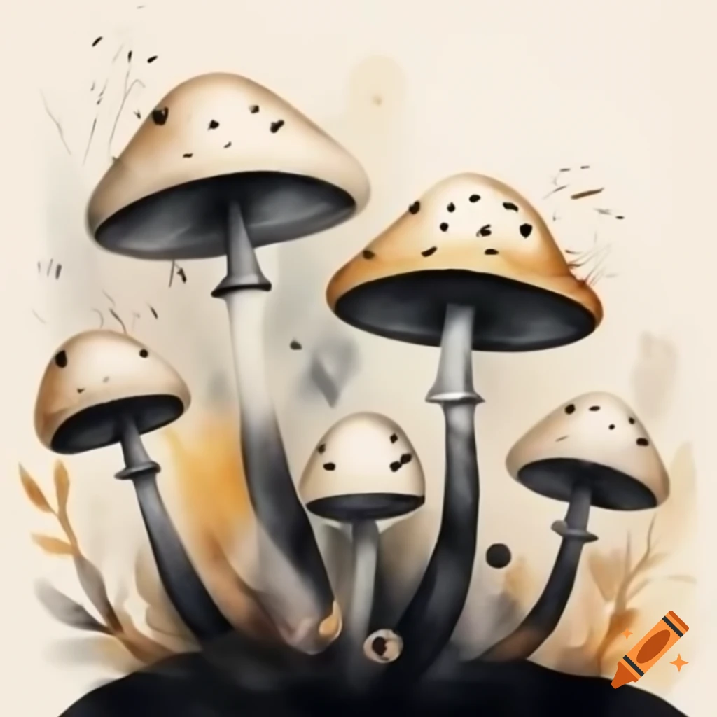 Watercolor mushrooms in black and gold shades, storybook style