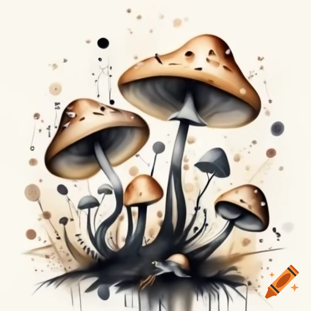 Watercolor mushrooms in black and gold shades, storybook style