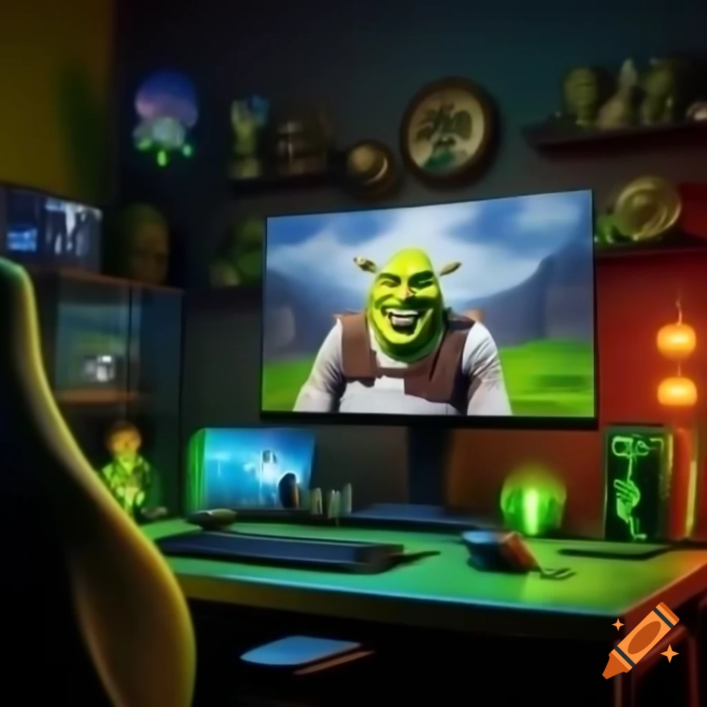 Shrek-themed gaming setup with themed decor and gaming equipment