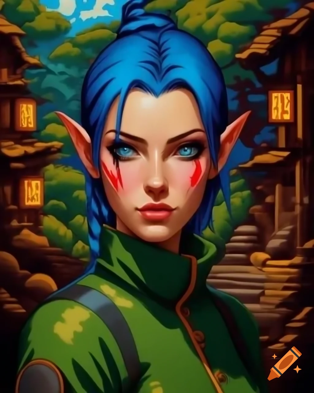 Retro pixel art portrait of blue-haired demi-elf in nomad village, Naruto style