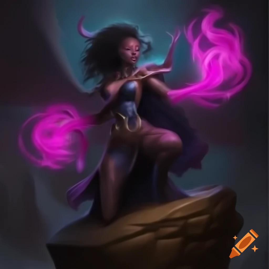 African dark elf sorceress casting spell on cliff edge with glowing elements
