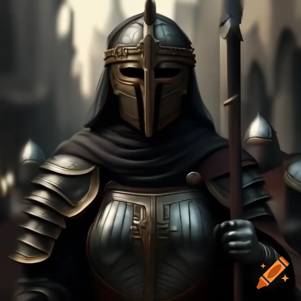 Masked female knight in black armor with halberd guarding medieval city
