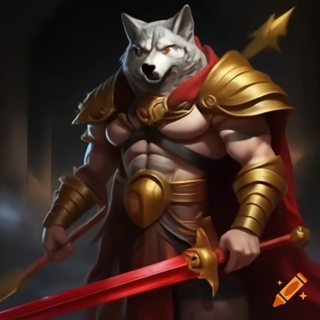 Animated man in gold and black armor wielding red sword with wolf head