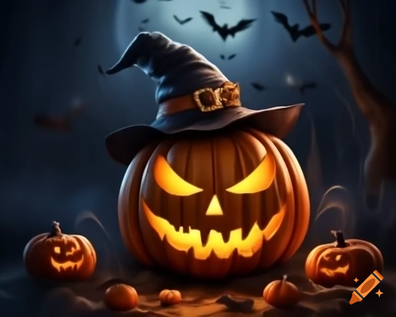 Cute spooky ghost with pumpkins, cobwebs, bats, and a cat in a witch hat for Halloween