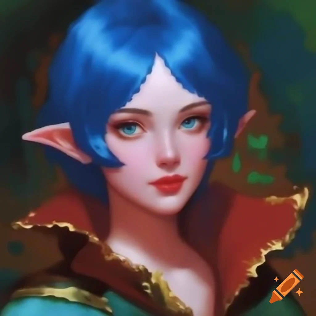 Pixel art portrait of blue-haired demi-elf in nomad village, retro impressionist style