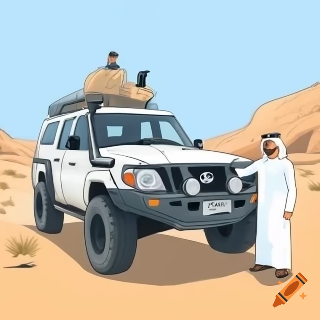 Emirati man driving Nissan Patrol in desert landscape
