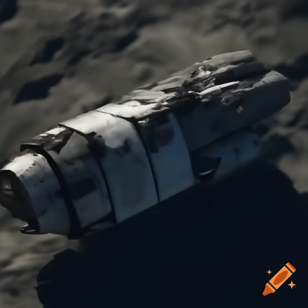 Crashed large military spaceship on rocky surface viewed from overhead