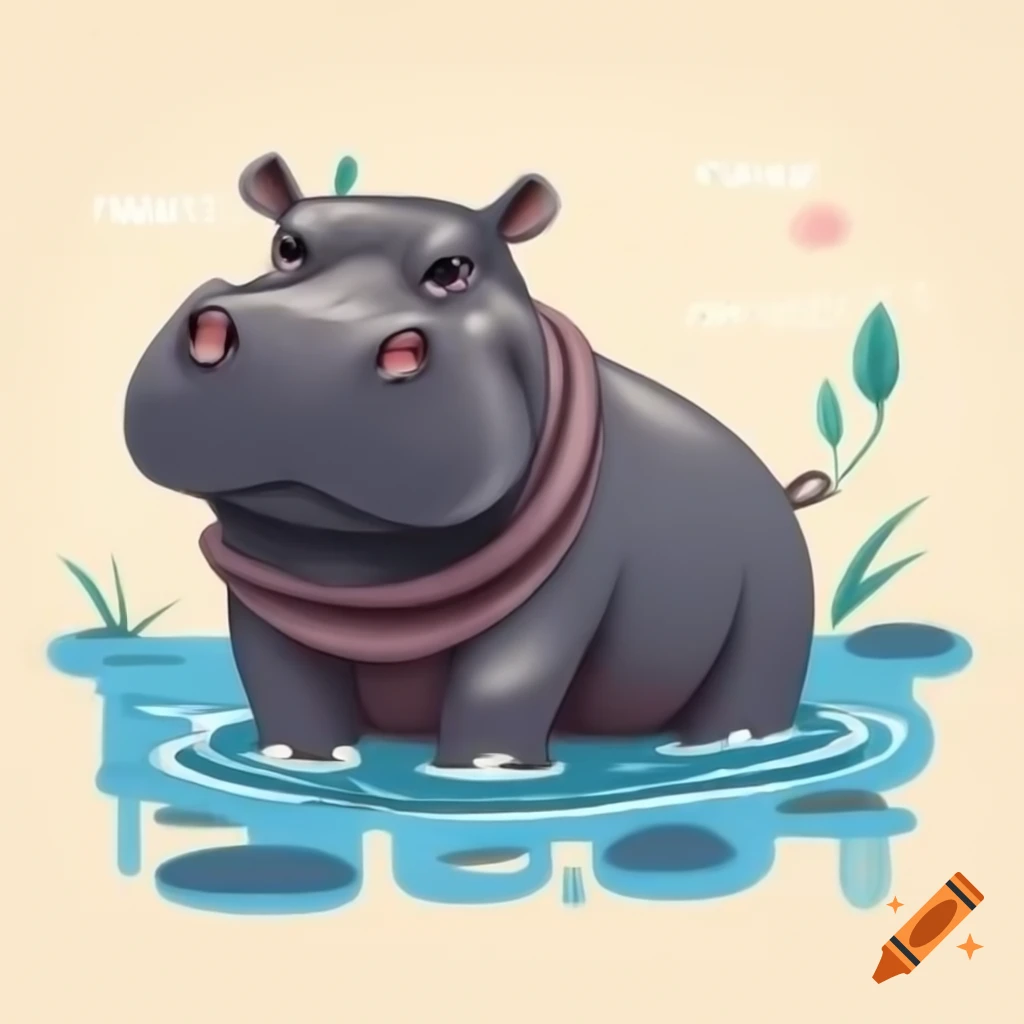 Hippo swimming in water drawing