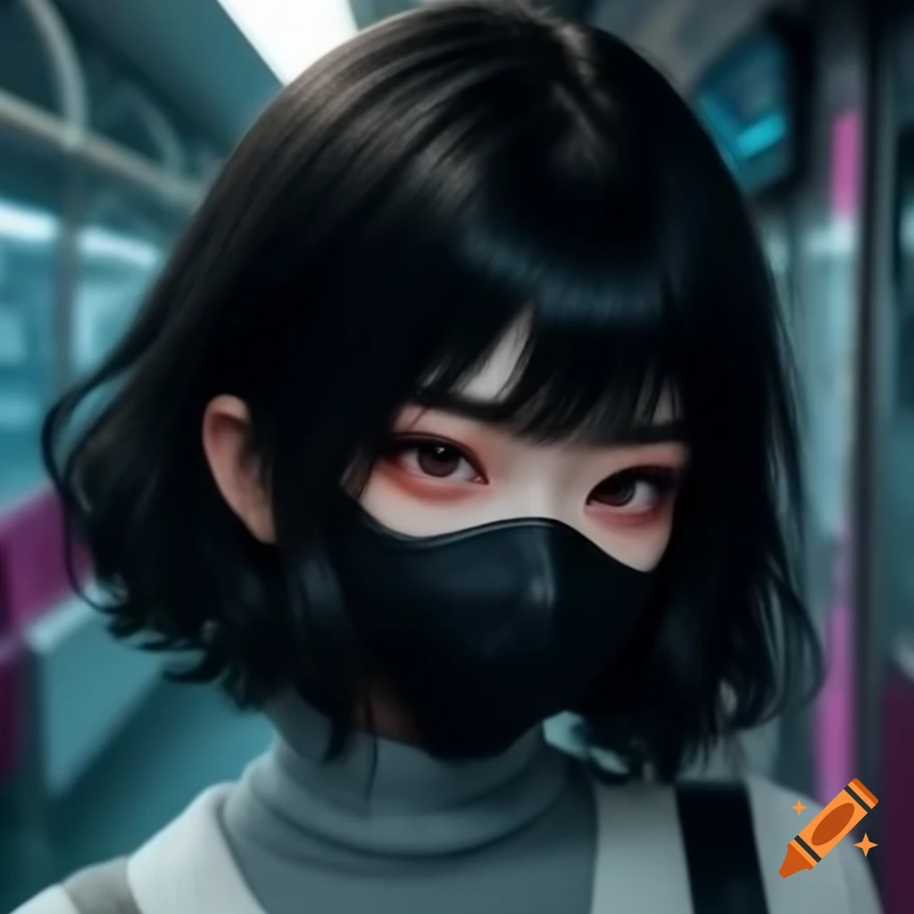 Cyberpunk Korean girl with short black fluffy hair and face mask in train