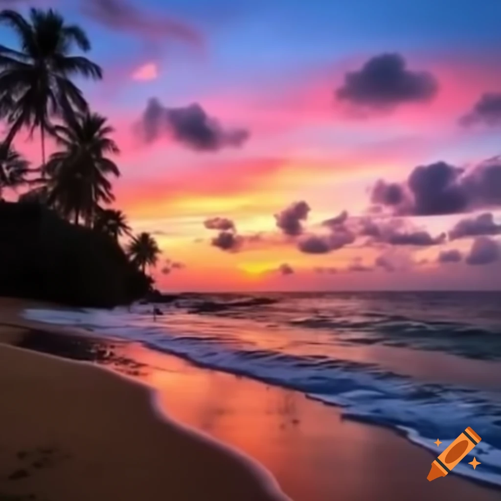 Sunset on beach with colorful skies, calm waves, and palm trees