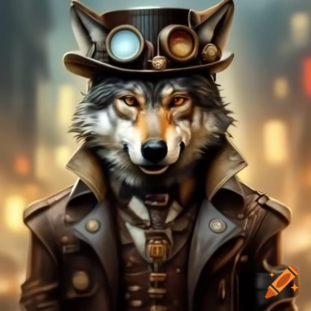 Steampunk-inspired depiction of a gentle wolf
